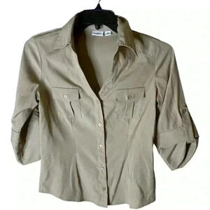 Cato Blouse Women's Size Small Button Front Pockets Rolled Up Sleeves Top